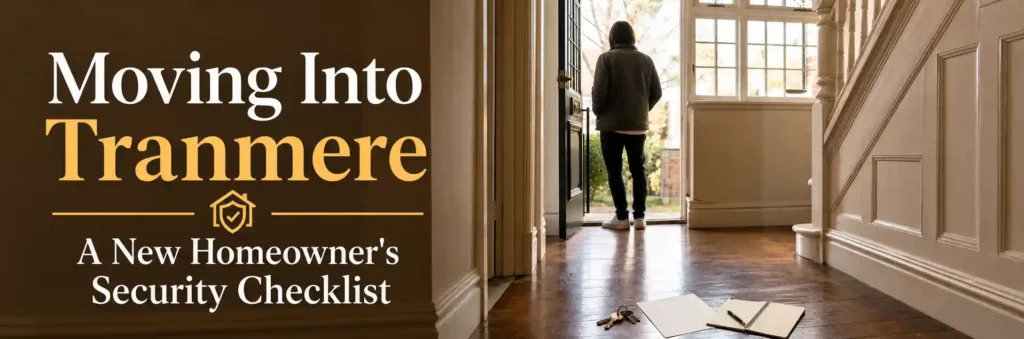 New homeowner entering a Tranmere home with keys and a security checklist